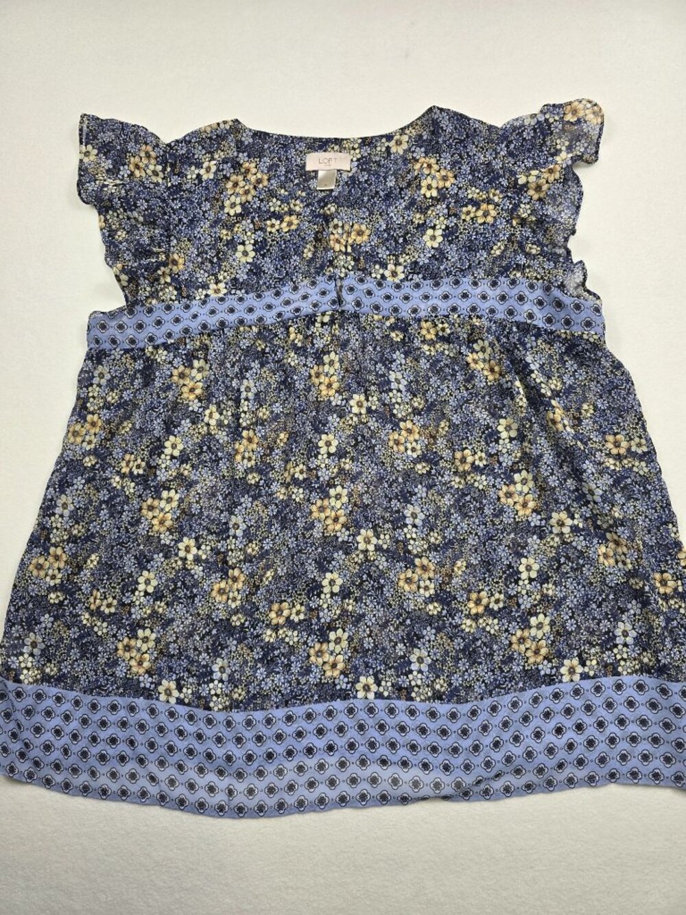 Loft Outlet XL Womens Blue & Yellow Floral Patterned Top Blouse